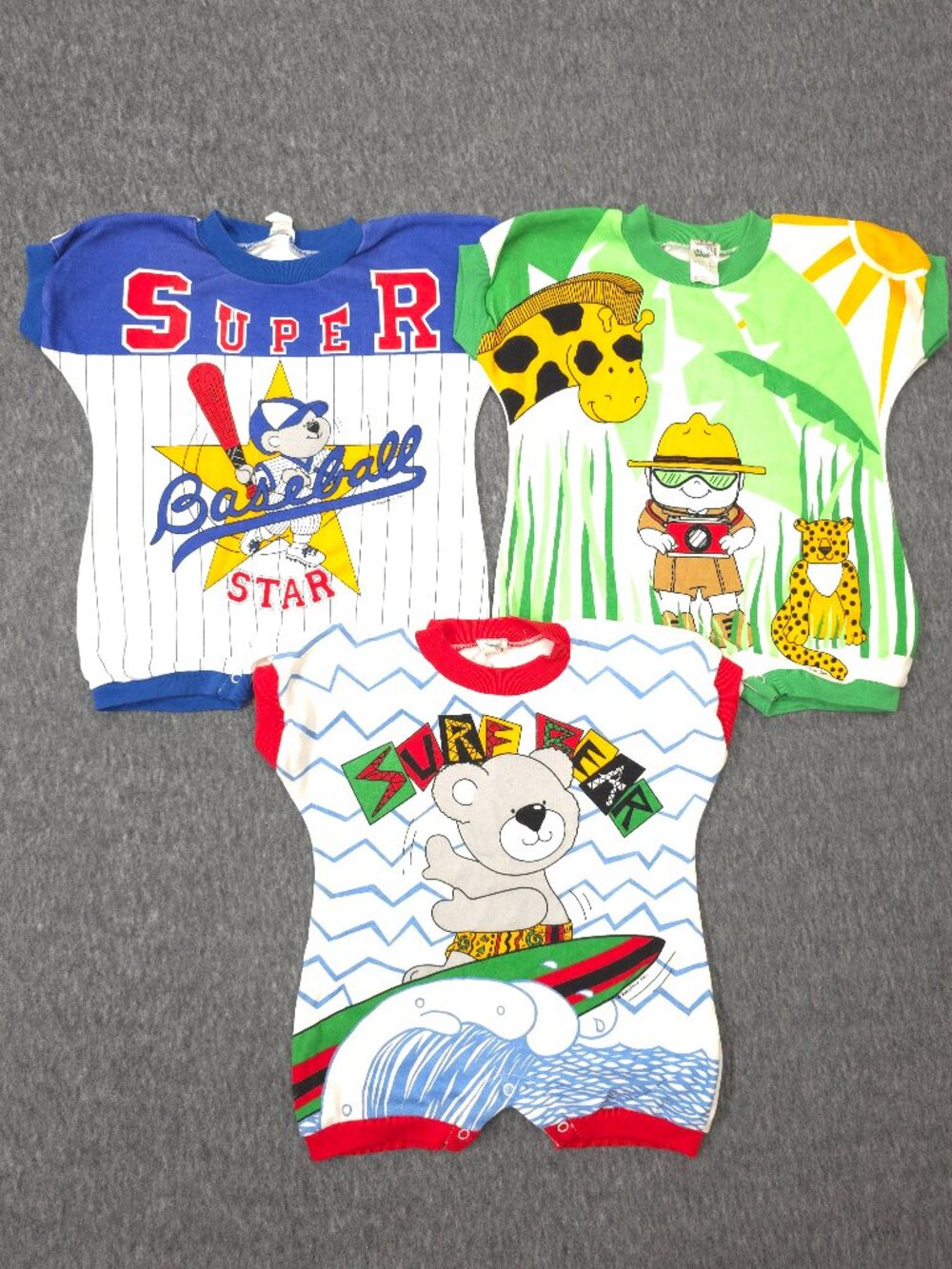 Vintage Babyfair Baby Romper Lot 9M Baseball Safari Surfer 80s 90s Hong Kong